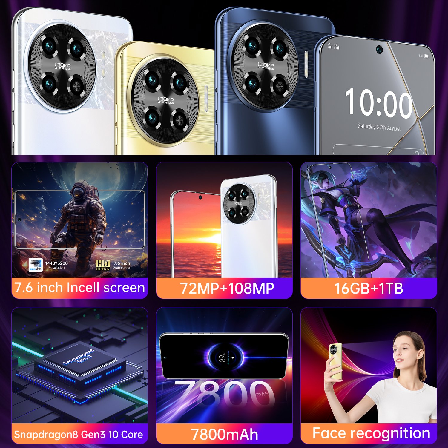 Hot Selling Spark 20 Pro 7.3 inch 72MP+108MP 16GB+1TB Mobile Android Smartphone 10 Core Full screen Cell Phones Large Battery